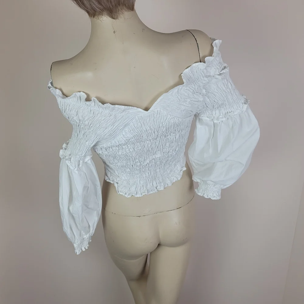 Zara White Smocked Wrap Crop Top 100% Cotton Size Medium